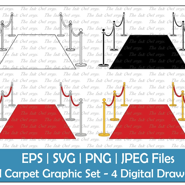 Red Carpet and Velvet Ropes Vector Clipart / Outline & Stamp Drawing Graphics / VIP Access / Gold and Silver / PNG, jpg, SVG, Eps