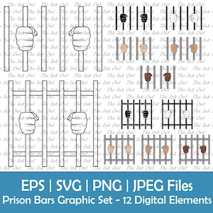 Man in Jail or Behind Prison Bars Vector Clipart / Outline, Silhouette Stamp & Color Drawing Graphics / with Hands / Png, Svg, Eps, Jpg