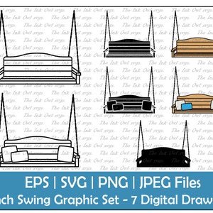 Porch Swing Vector Clipart Set / Outline & Stamp Drawing Graphic / Posti a sedere in legno all'aperto / PNG, JPG, SVG, Eps
