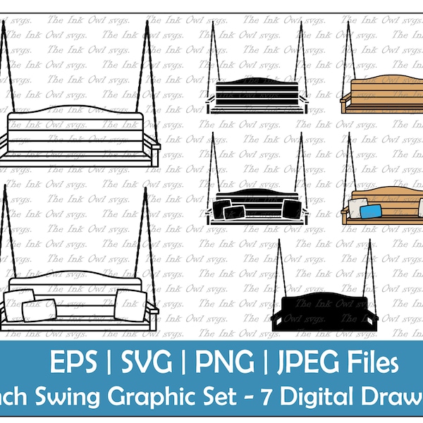 Porch Swing Vector Clipart Set / Outline & Stamp Drawing Graphic / Wooden Outdoor Seating / PNG, JPG, SVG, Eps