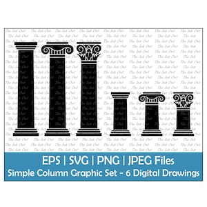 Conjunto de imágenes prediseñadas vectoriales de siluetas de columnas griegas simples / Ilustración de sello gráfico de columnas dóricas, jónicas y corintias / Png, Svg, Eps, Jpg