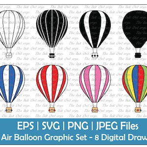 Hot Air Balloon Vector Clipart / Outline, Silhouette Stamp & Color Drawing Illustrations / Retro Vintage Transportation / PNG, JPG, SVG, Eps