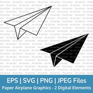 May include: Two black paper airplane graphics. The airplanes are in a simple, flat style. The graphics are perfect for use in digital projects, such as website design, social media, or print projects.