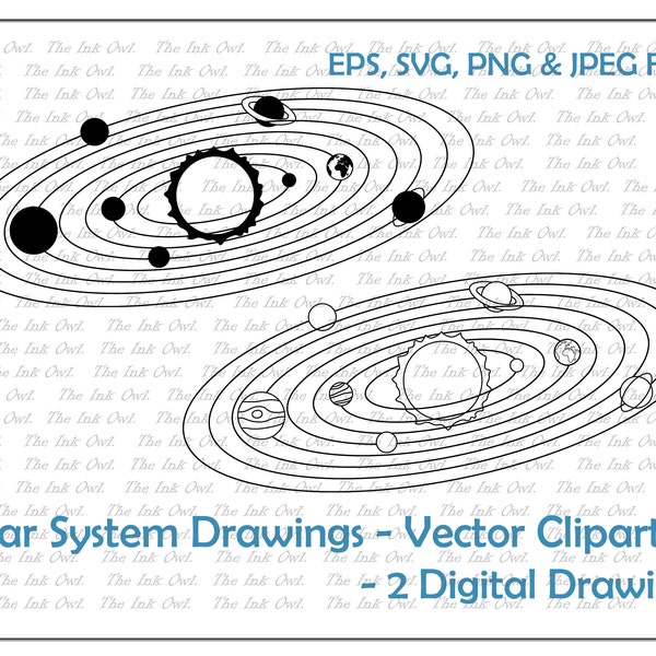 Solar System Vector Clipart Set / Outline Drawing Illustrations / Earth, Sun, Planets / PNG, JPG, SVG, Eps