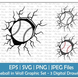 Könnte beinhalten: Drei digitale Zeichnungen von Baseballbällen, die durch eine rissige Wand brechen. Die Baseballbälle sind schwarzweiß, schwarzweiß mit roten Nähten und grau mit roten Nähten.