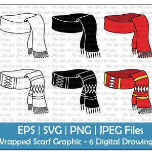 Wrapped Scarf with Pattern Drawing Set Vector Clipart / Outline & Stamp Graphic / Fall Winter Clothing / PNG, JPG, SVG, Eps
