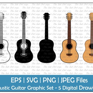 Guitarra Acústica Vector Clipart Set / Esquema, Sello y Color Gráfico / Instrumento Musical / Uso Comercial / PNG, JPG, SVG, Eps