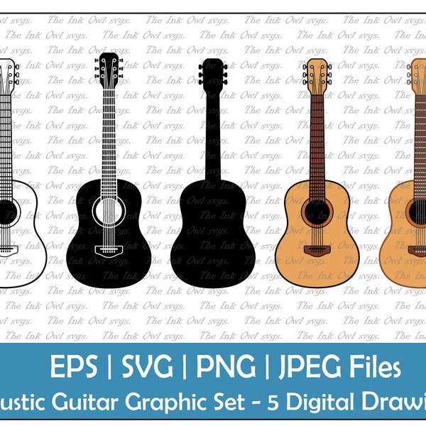 Acoustic Guitar Vector Clipart Set / Outline, Stamp & Color Graphic / Music Instrument / Commercial Use / PNG, JPG, SVG, Eps
