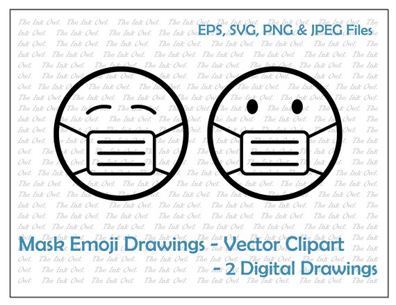 Mask Emoji Drawing Set Vector Clipart Outline Drawing Etsy