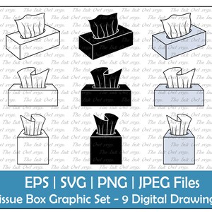 Pode incluir: Um conjunto de nove desenhos digitais de caixas de lenços de papel em vários estilos. Os desenhos incluem contornos em preto e branco, preto sólido e caixas de lenços de papel azul claro. As caixas de lenços de papel são todas de forma quadrada com uma abertura retangular para os lenços de papel.