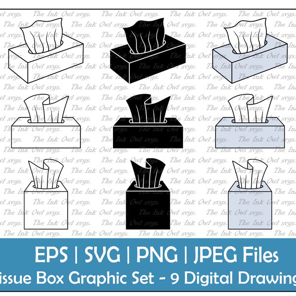 Tissue Box Vector Clipart Set / Esquema, Sello y Gráficos en Color / Papel Facial de Baño / Higiene / PNG, JPG, SVG, Eps