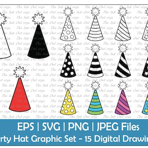 Könnte beinhalten: Ein Set mit 15 digitalen Partyhut-Illustrationen in verschiedenen Farben und Mustern, darunter Punkte, Streifen, Sterne und ein einfarbiger roter Hut. Die Hüte sind schwarz umrandet und haben einen weißen Hintergrund.