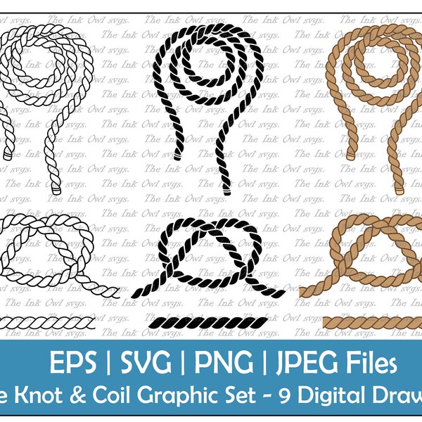 Rope Knot and Coil Vector Clipart Set / Outline & Stamp Graphics / PNG, JPG, SVG, Eps