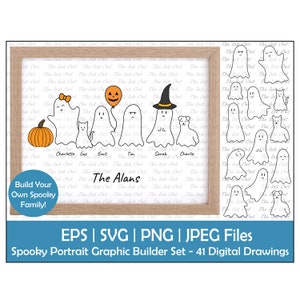 Spooky mignon fantôme famille Portrait Builder Clipart / contour & couleur modèle graphiques / Halloween / noms personnalisés / Png, Jpg, Svg, Eps