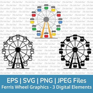 Riesenrad Fahrt Clipart Set / Umriss, Silhouette Stempel & Zeichnung Grafik / Karneval / Sublimation / Png, Jps, Eps, svg