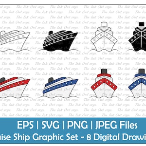 Cruise Ship Vector Clipart Set / Outline & Stamp Drawing Illustrations / Vacation Boat / PNG, JPG, SVG, Eps