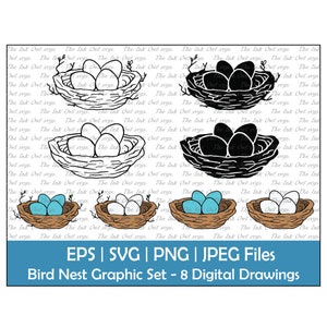 Nid d’oiseau et oeufs Vector Clipart dessin / contour, timbre silhouette et illustration graphique couleur / PNG, JPG, SVG, Eps