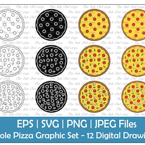 Whole Pizza Vector Clipart Set / Outline, Silhouette Stamp & Color Graphic / Pepperoni, Peppers, Cheese and Mushroom / PNG, JPG, SVG, Eps