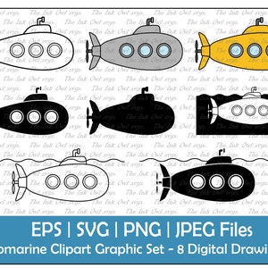 Cartoon Submarine Vector Clipart Set / Outline & Stamp Graphic / Underwater / PNG, JPG, SVG, Eps