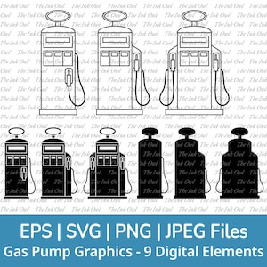 Gas Fuel Pump Station Svg Vector Clipart Set / Outline & Stamp Silhouette Drawing Illustrations / Png, Jpg, Svg, Eps