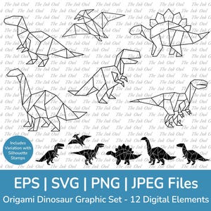 Origami dinosaurus vector clipart set / overzicht en stempel in silhouet illustraties / geometrisch dino ontwerp / Svg, Png, Eps, Jpg