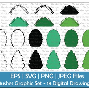 Bush Vector Clipart Set / Bushes Line Drawing, Silhouette Stamp & Color Graphic / Green / PNG, JPG, SVG, Eps