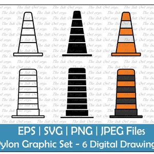 Bouw Pylon Cone Clipart Set / Outline & Stamp Drawing Graphic / Street and Road Block Post / Omweg / PNG, JPG, SVG, Eps