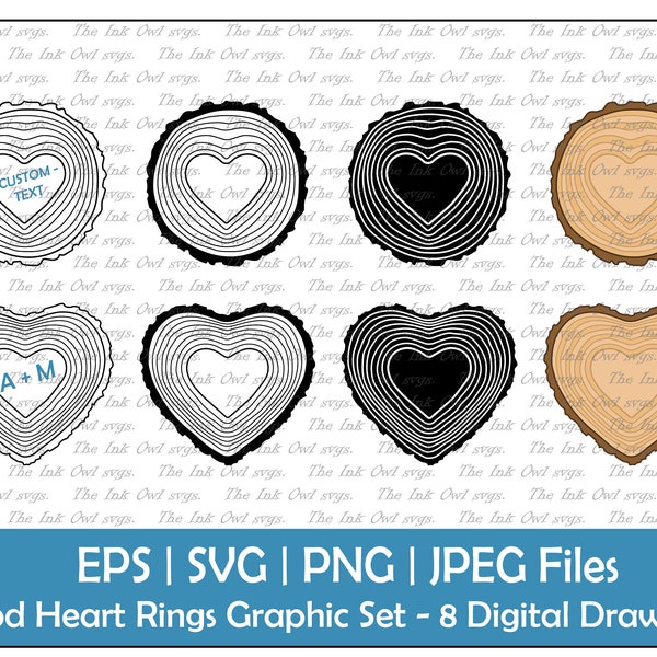 Tree Rings in Heart Shape Vector Clipart / Outline, Stamp & Color Graphics / Nature / Romance Label / Commercial Use / PNG, JPG, SVG, Eps