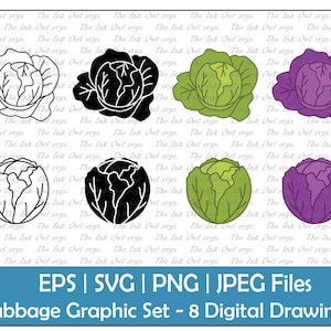 Cabbage Vector Clipart Set / Outline & Stamp Drawing Illustrations / Red Purple and Green / PNG, JPG, SVG, Eps