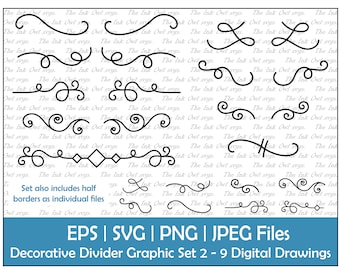 Divider Line Curved Loops Graphic Clipart Set / Ornamental Decorative Element / Border and Line Breaks / Commercial Use / PNG, JPG, SVG, Eps