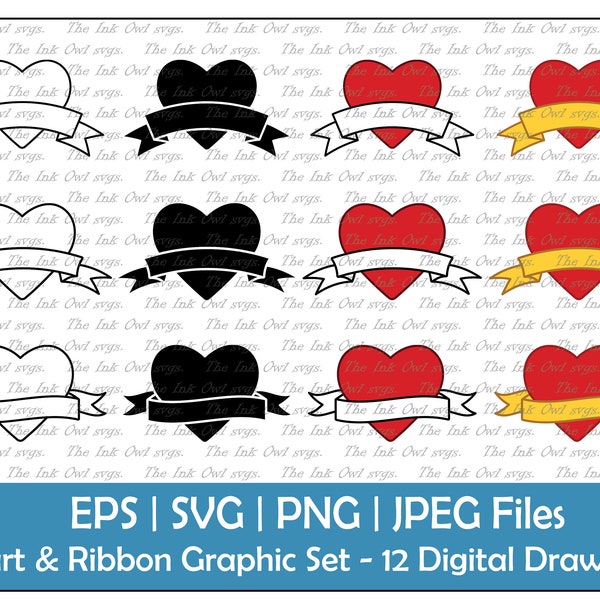 Heart with Ribbon Banner Vector Clipart Set / Outline, Stamp and Color Graphic / Tattoo Message / Commercial Use / PNG, JPG, SVG, Eps