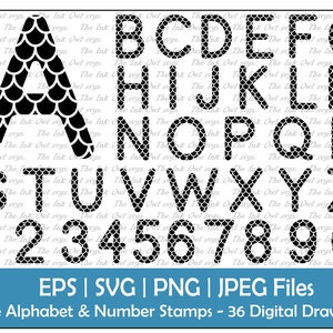 Peut inclure: Graphique numérique d'un alphabet et de chiffres en écailles de poisson noires. L'image comprend le texte "EPS | SVG | PNG | JPEG Files" et "Scale Alphabet & Number Stamps - 36 Digital Drawings."