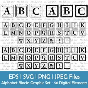 2d ABC Alphabet Blocks Vektor-Clipart / Umrisse und Silhouette Stempel Illustrationen / Babyparty Grafiken / Png, Jpg, svg, eps