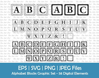 2d ABC Full Alphabet Blocks Vector Clipart / Outline & Silhouette Stamp Drawing Illustrations / Baby Shower Graphics / Png, Jpg, Svg, Eps
