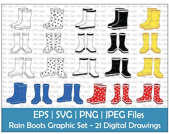 Rain Boots Drawing Set Vector Clipart / Outline, Silhouette Stamp & Color Graphics / Commercial Use / Rubber Boots / PNG, JPG, SVG, Eps