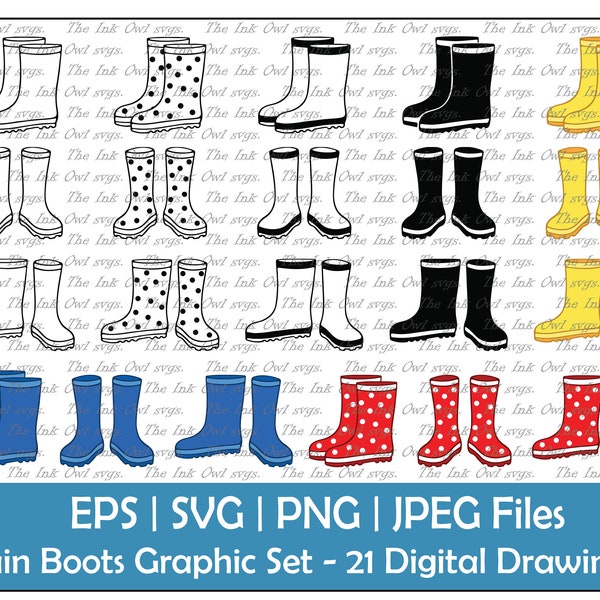 Rain Boots Drawing Set Vector Clipart / Outline, Silhouette Stamp & Color Graphics / Commercial Use / Rubber Boots / PNG, JPG, SVG, Eps