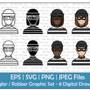 Masked Robber Burglar Icon Vector Clipart Set / Outline & Stamp Graphic / Criminal / PNG, JPG, SVG, Eps