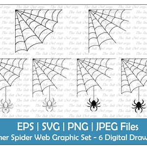 Hoek Spider Web Frame Vector Clipart Set / Outline Tekening Graphic / Cobweb / Halloween / Commercieel gebruik / PNG, JPG, SVG, Eps