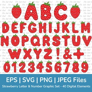 Chiffres et lettres de l'alphabet aux fraises Vector Clipart / Illustrations de dessin couleur / police graphique / Svg, Png, Eps, Jpg