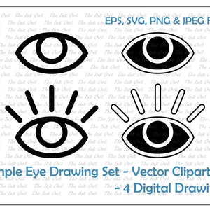 May include: A set of four simple eye drawings in black and white. The eyes are drawn in a basic style with a circle for the iris and a curved line for the eyelid. The set includes a closed eye, an open eye with eyelashes, an eye with a sunburst, and an eye with a single tear.