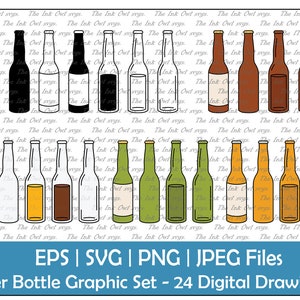 Bierfles Vector Clipart Set / Outline, Silhouette Stamp & Color Drawing Illustrations / Filled, Empty / Cut File / Png, Jpg, Svg, Eps