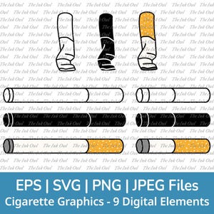 Cigarrillo y colilla SVG Vector Clipart / Contorno, silueta de sello y gráfico a color / Fumar / Uso comercial / Png, Svg, Jpg, Eps