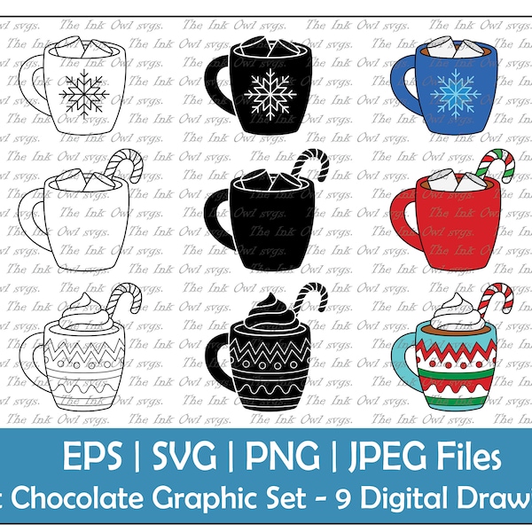 Hot Chocolate Mug Clipart / Drink with Candy Cane and Marshmallows / Outline, Silhouette & Color Graphic / Sublimation / PNG, JPG, SVG, Eps