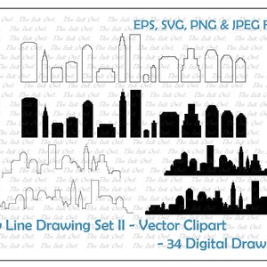 City sky line with buildings Vector Clipart Set 2 / Outline & Stamp Drawing Illustrations / Cityscape / PNG, JPG, SVG, Eps