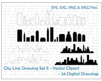Ligne de ciel de la ville avec des bâtiments Vector Clipart Set 2 / Contours et illustrations de dessin de timbres / Paysage urbain / PNG, JPG, SVG, Eps