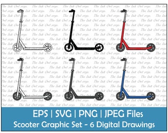 Scooter Vector Clipart Set / Outline & Silhouette Stamp Drawing Graphic / Transportation / Sublimation / PNG, JPG, SVG, Eps