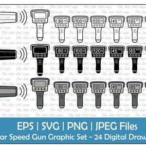 Radar Speed Gun Template Clipart Set / Contour, tampon et graphique de couleur / Vitesse / Mph et Km / h / Utilisation commerciale / PNG, JPG, SVG, Eps
