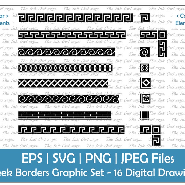 Greek Decorative Border Clipart Set / Stamp Fret Key Graphic / Ornamental Element / Corner, Spiral, Geometric, Wave / PNG, JPG, SVG, Eps
