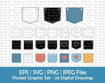 Empty Pocket Vector Clipart Set / Outline, Silhouette Stamp & Color Drawing Graphic / Transfer / Shirt or Pants Pocket / Svg, Png, Jpg, Eps
