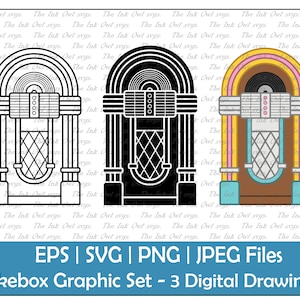 Jukebox Music Player Vector Clipart Set / Outline & Stamp Drawing Illustrations / Vintage Retro / PNG, JPG, SVG, Eps